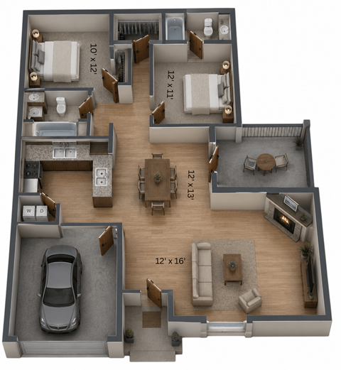 Floor plan for 2 beds, 2 baths, 1000 sqft